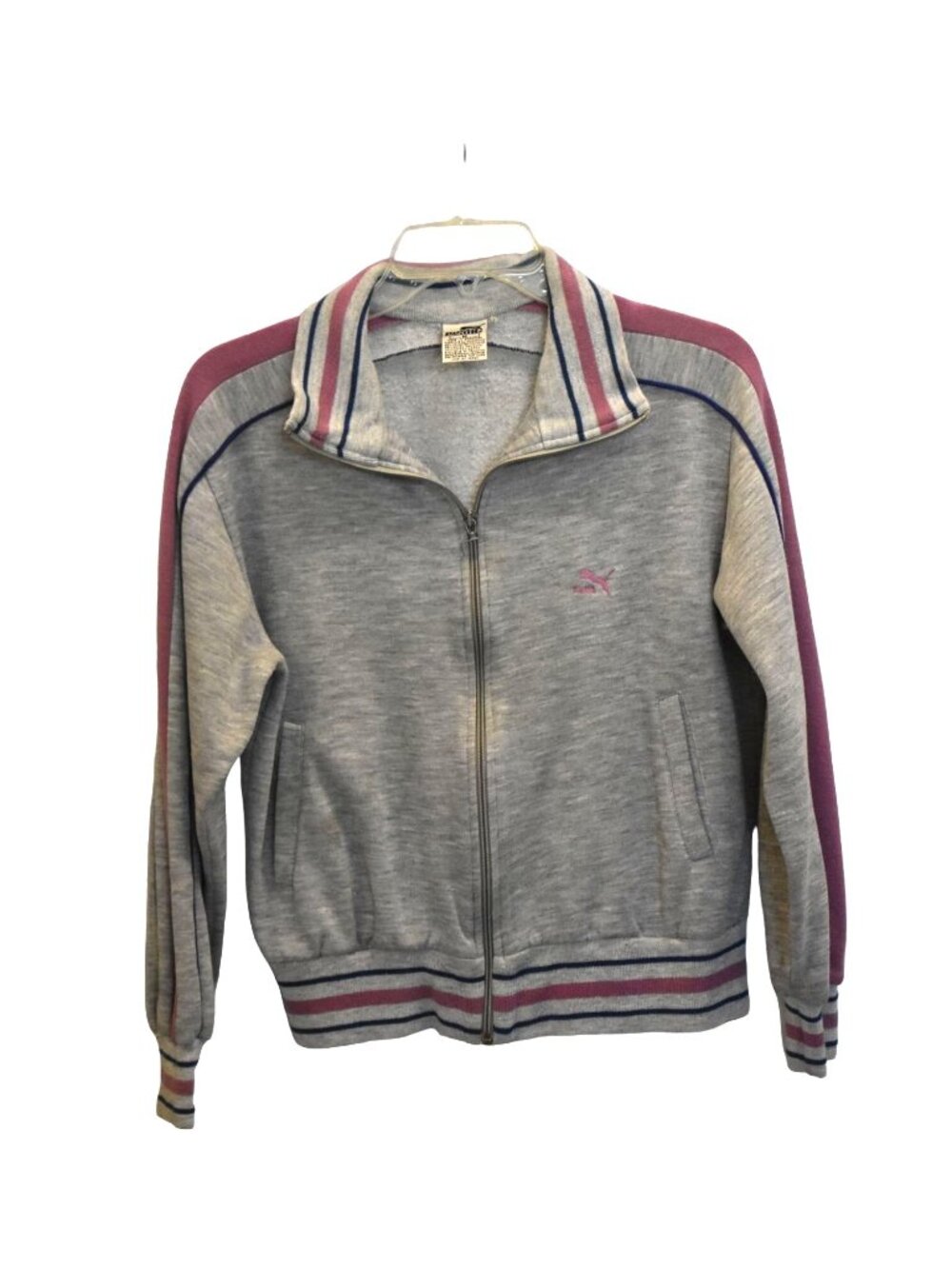 Women's Vintage Puma Grey Full Zip Sweatshirt W/Pink Stripes Size M
